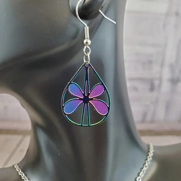 Iridescent Flower Earrings with Floral Teardrop Necklace Set - Picture 8 of 12